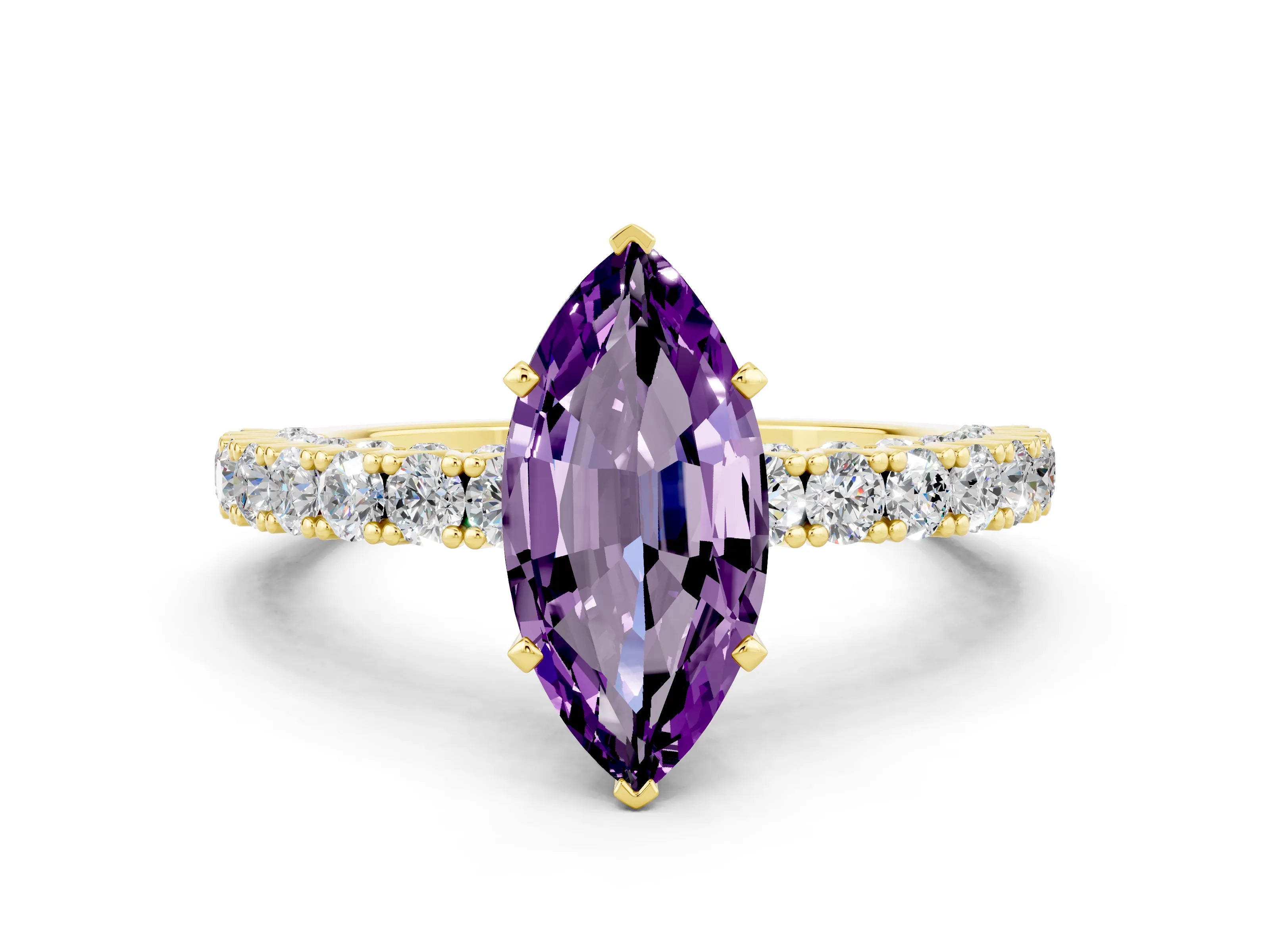 Yellow gold Marquise Cut Diamond Pavé Band Solitaire Ring with Prong Setting