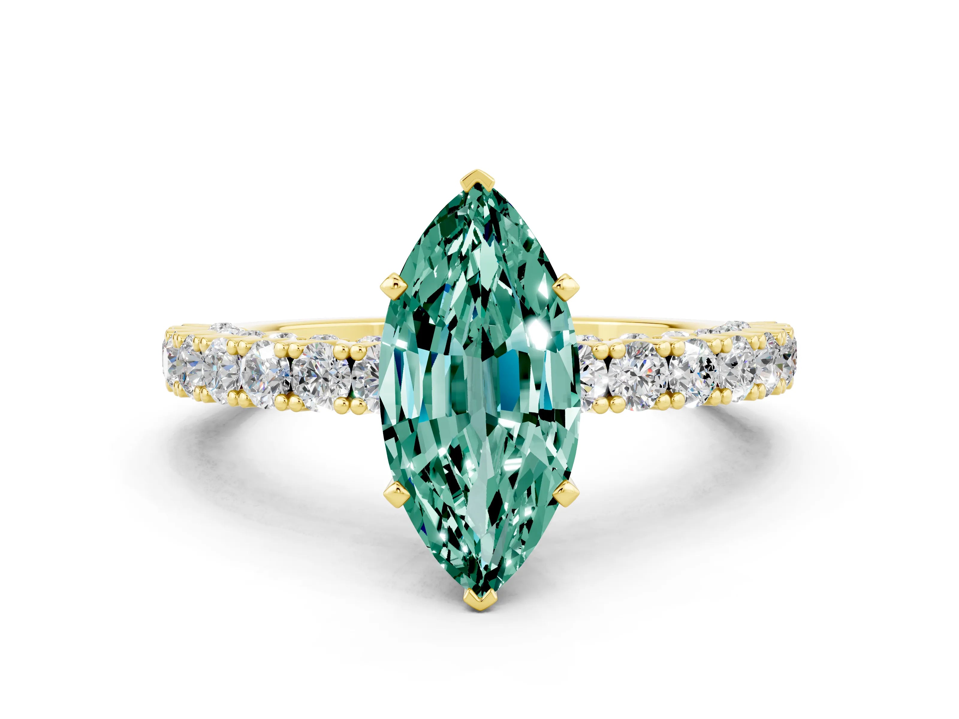 Yellow gold Marquise Cut Diamond Pavé Band Solitaire Ring with Prong Setting