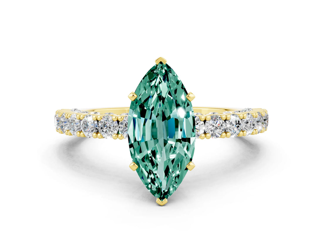 Yellow gold Marquise Cut Diamond Pavé Band Solitaire Ring with Prong Setting