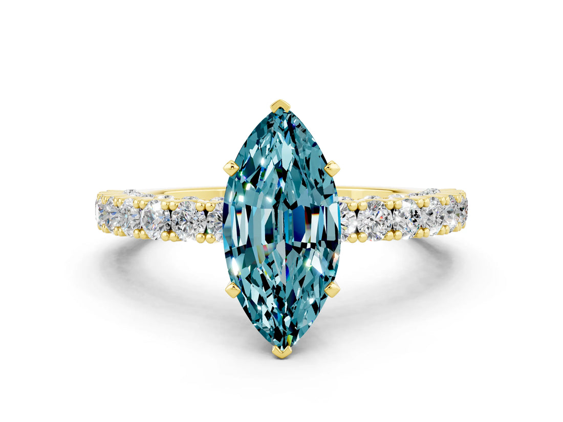 Yellow gold Marquise Cut Diamond Pavé Band Solitaire Ring with Prong Setting