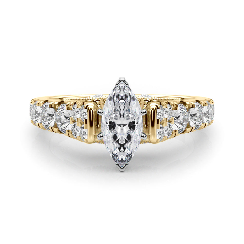 Yellow gold Marquise Cut Diamond Pavé Band Solitaire with Four-Prong Setting 1