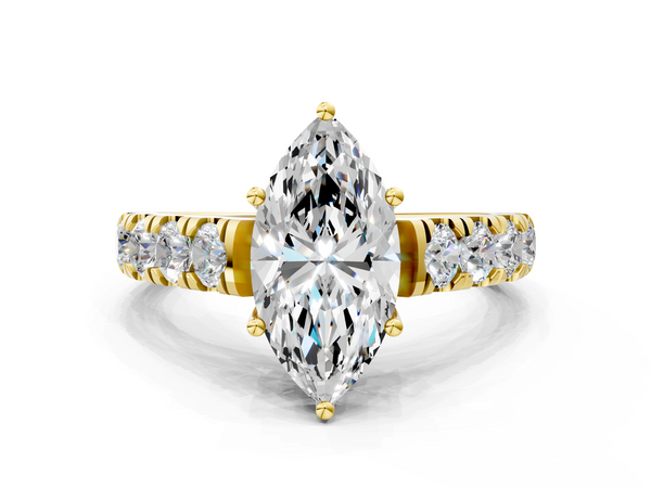 Yellow gold Marquise Cut Diamond Solitaire Ring with Micro Pave Band and Prong Setting
