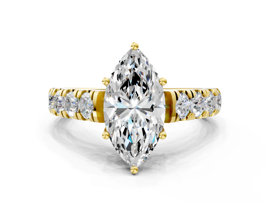 Yellow gold Marquise Cut Diamond Solitaire Ring with Micro Pave Band and Prong Setting