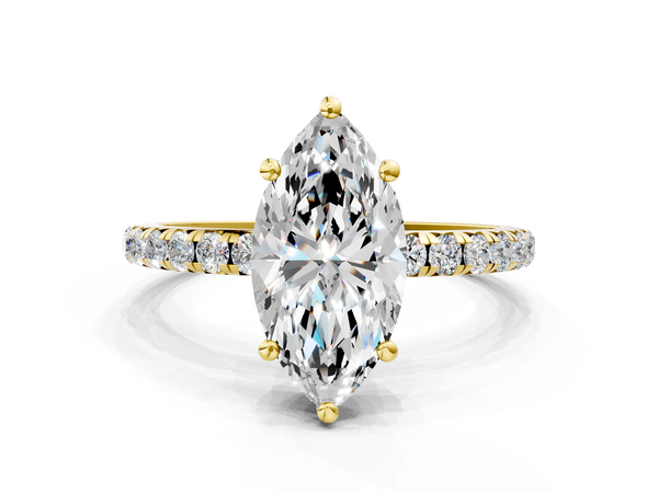 Yellow gold Marquise Cut Diamond Solitaire Ring with Micro Pave Band and Four Prong Setting
