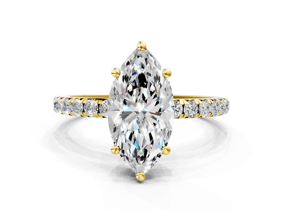 Yellow gold Marquise Cut Diamond Solitaire Ring with Micro Pave Band and Four Prong Setting
