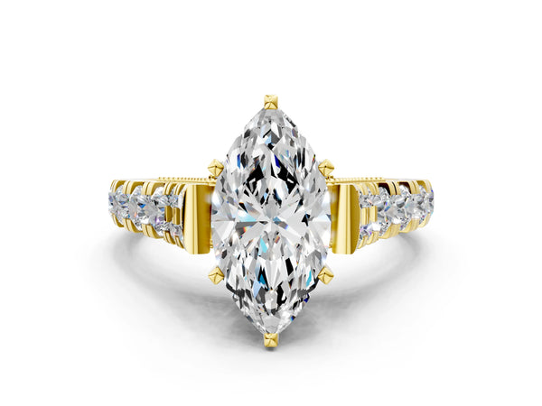 Yellow gold Marquise Cut Diamond Classic Solitaire Ring with Pavé Band and Four-Prong Setting