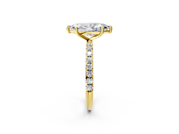 Yellow gold Marquise Cut Diamond Solitaire Ring with Micro Pave Band and Four Prong Setting