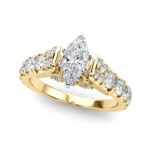Yellow gold Marquise Cut Diamond Pavé Band Solitaire with Four-Prong Setting