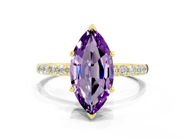 Yellow gold Marquise Cut Amethyst Solitaire Ring with Round Pavé Shoulders and Prong Setting