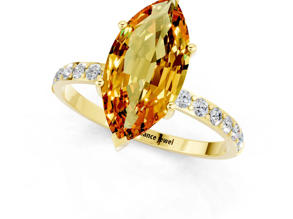 Yellow gold Marquise Cut Citrine Solitaire Ring with Round Pavé Shoulders and Prong Setting