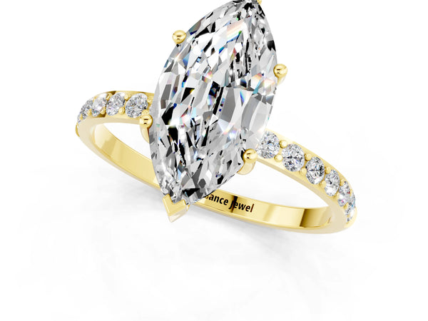 Yellow gold Marquise Cut Moissanite Solitaire Ring with Round Pavé Shoulders and Prong Setting