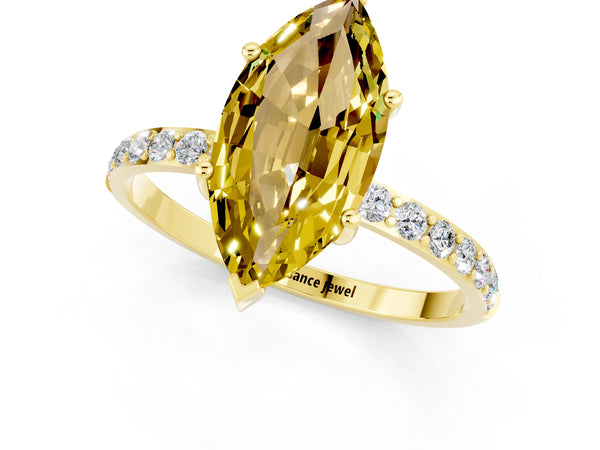 Yellow gold Marquise Cut Yellow Sapphire Solitaire Ring with Round Pavé Shoulders and Prong Setting