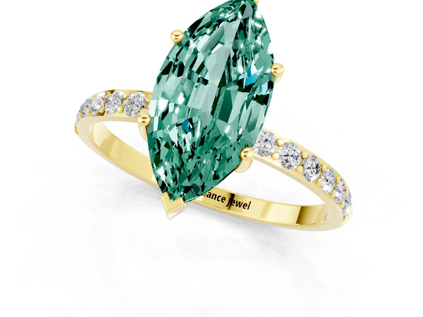 Yellow gold Marquise Cut Green Sapphire Solitaire Ring with Round Pavé Shoulders and Prong Setting