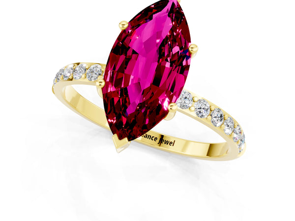 Yellow gold Marquise Cut Garnet Solitaire Ring with Round Pavé Shoulders and Prong Setting