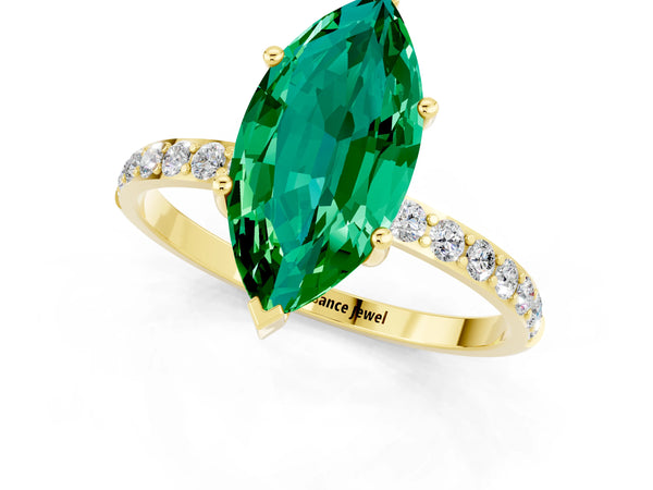 Yellow gold Marquise Cut Emerald Solitaire Ring with Round Pavé Shoulders and Prong Setting