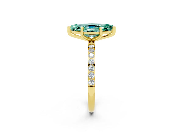 Yellow gold Marquise Cut Green Sapphire Solitaire Ring with Round Pavé Shoulders and Prong Setting