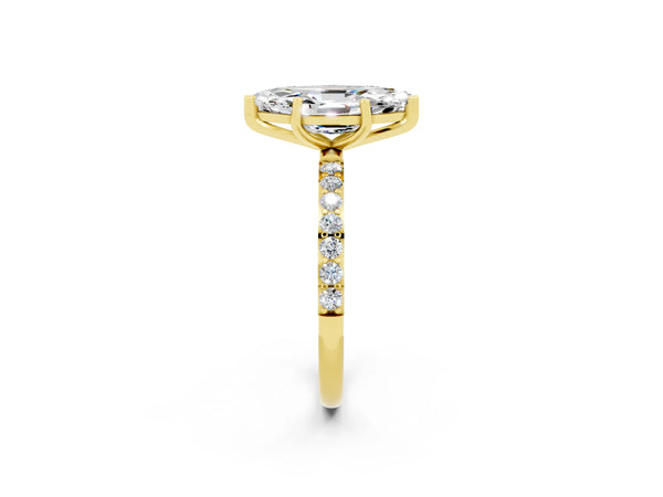 Yellow gold Marquise Cut Moissanite Solitaire Ring with Round Pavé Shoulders and Prong Setting