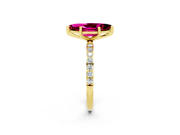 Yellow gold Marquise Cut Garnet Solitaire Ring with Round Pavé Shoulders and Prong Setting