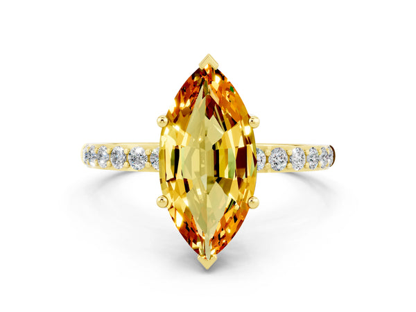 Yellow gold Marquise Cut Citrine Solitaire Ring with Round Pavé Shoulders and Prong Setting