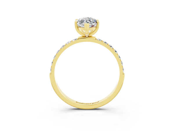 Yellow gold Marquise Cut Moissanite Solitaire Ring with Round Pavé Shoulders and Prong Setting