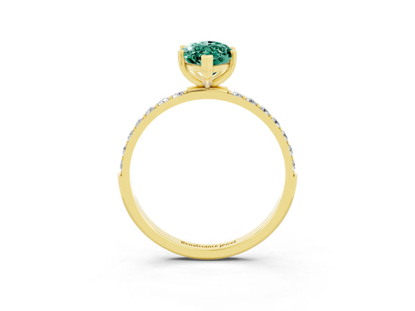 Yellow gold Marquise Cut Green Sapphire Solitaire Ring with Round Pavé Shoulders and Prong Setting