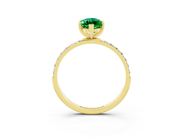 Yellow gold Marquise Cut Emerald Solitaire Ring with Round Pavé Shoulders and Prong Setting