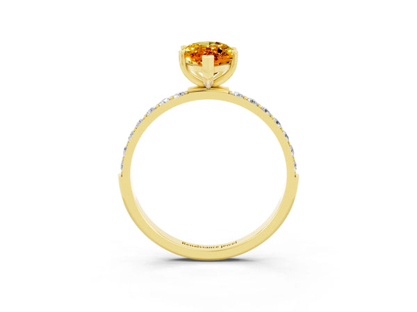 Yellow gold Marquise Cut Citrine Solitaire Ring with Round Pavé Shoulders and Prong Setting