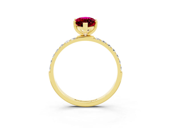 Yellow gold Marquise Cut Garnet Solitaire Ring with Round Pavé Shoulders and Prong Setting