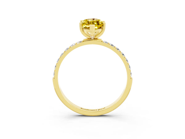 Yellow gold Marquise Cut Yellow Sapphire Solitaire Ring with Round Pavé Shoulders and Prong Setting