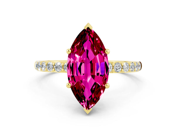 Yellow gold Marquise Cut Garnet Solitaire Ring with Round Pavé Shoulders and Prong Setting