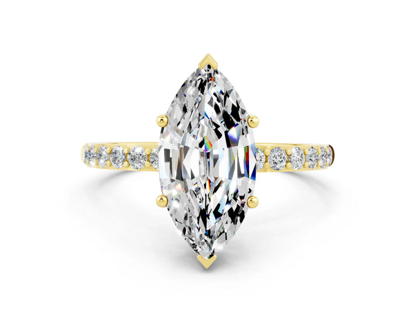 Yellow gold Marquise Cut Moissanite Solitaire Ring with Round Pavé Shoulders and Prong Setting