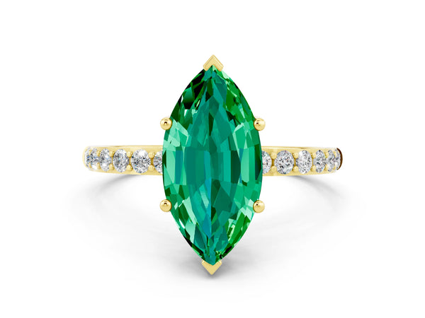 Yellow gold Marquise Cut Emerald Solitaire Ring with Round Pavé Shoulders and Prong Setting