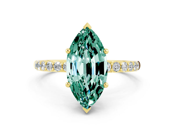 Yellow gold Marquise Cut Green Sapphire Solitaire Ring with Round Pavé Shoulders and Prong Setting
