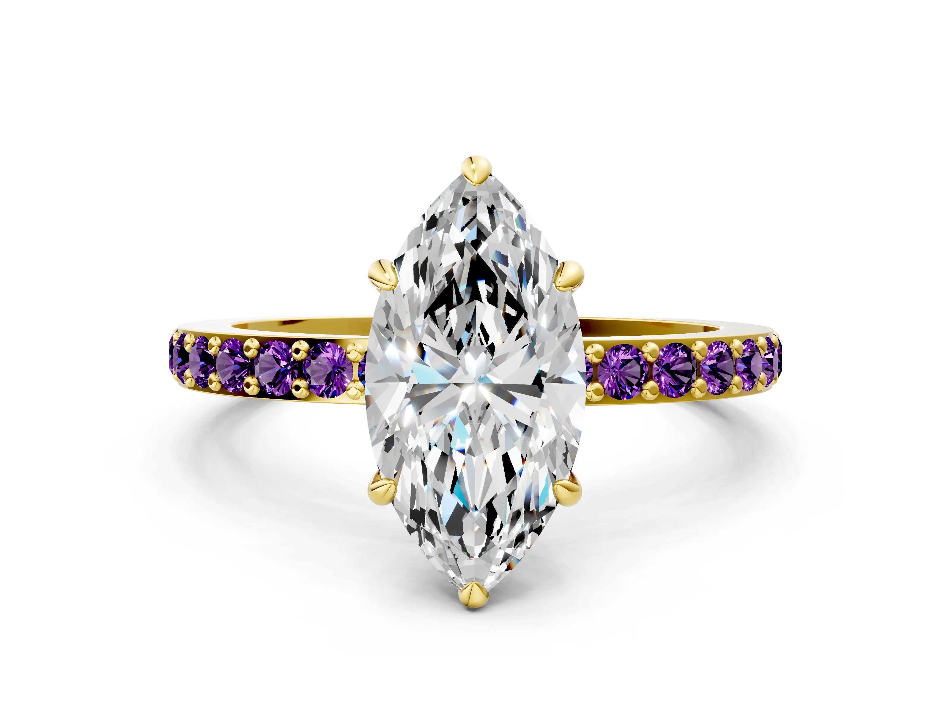 Yellow gold Marquise Cut Diamond Pavé Engagement Ring with Round with Amethyst side stone Accents and Prong Setting