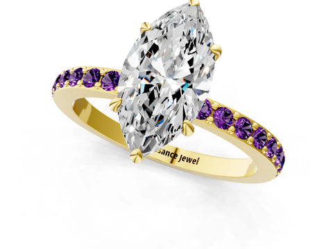 Yellow gold Marquise Cut Diamond Pavé Engagement Ring with Round with Amethyst side stone Accents and Prong Setting_1