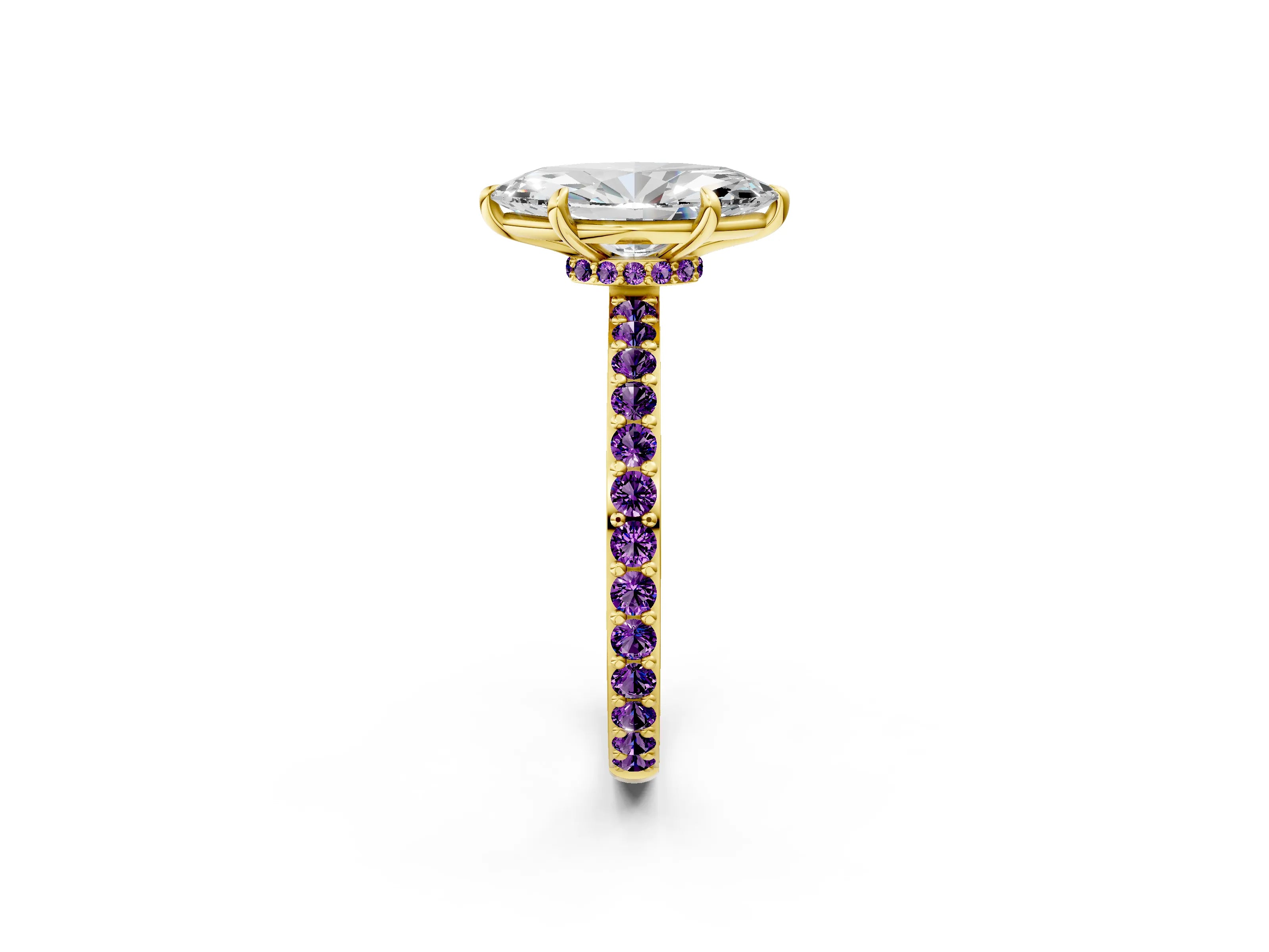 Yellow gold Marquise Cut Diamond Pavé Engagement Ring with Round with Amethyst side stone Accents and Prong Setting_2