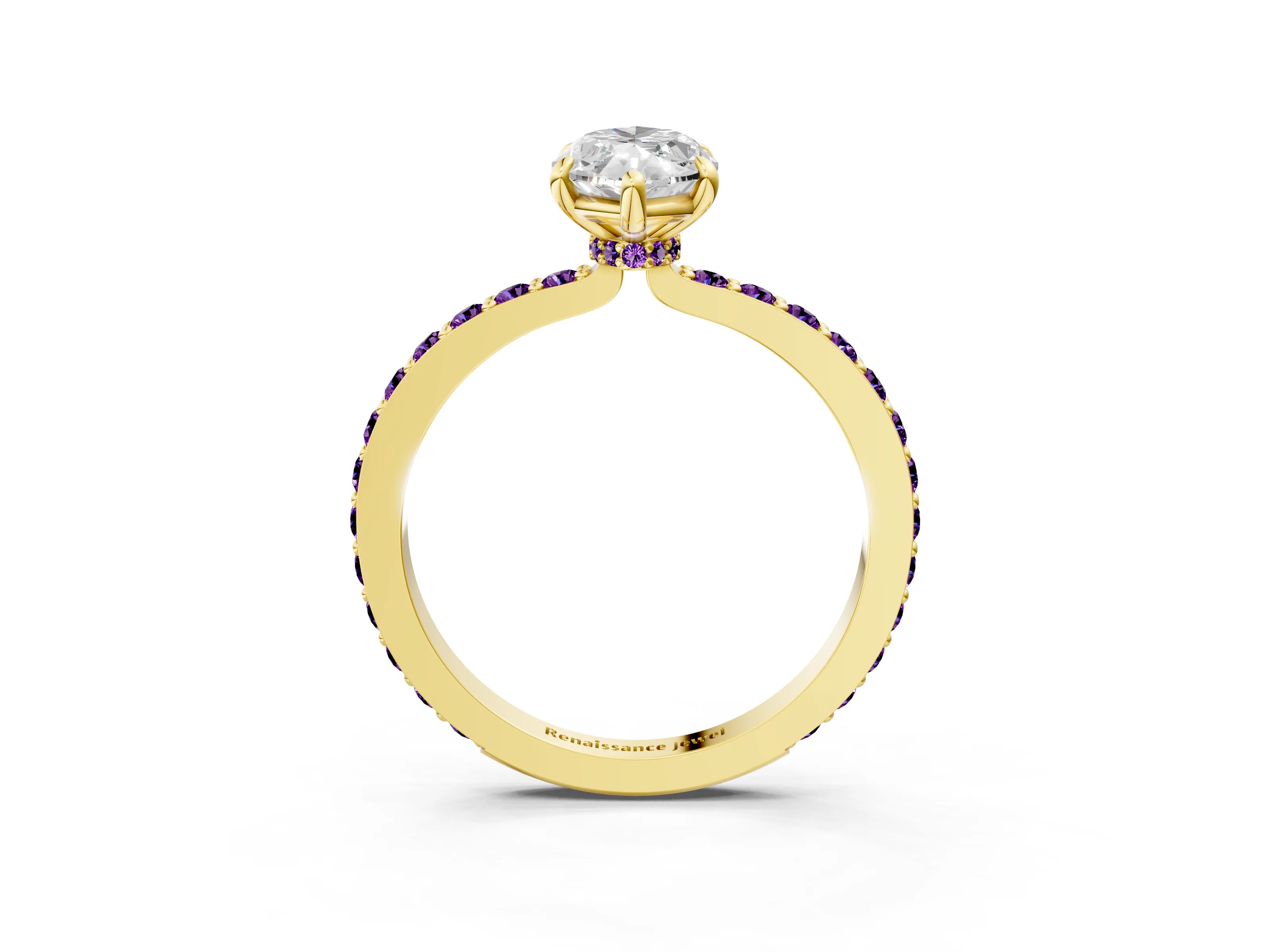 Yellow gold Marquise Cut Diamond Pavé Engagement Ring with Round with Amethyst side stone Accents and Prong Setting_3