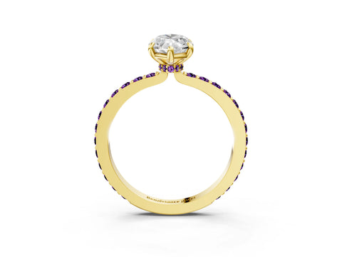 Yellow gold Marquise Cut Diamond Pavé Engagement Ring with Round with Amethyst side stone Accents and Prong Setting_3