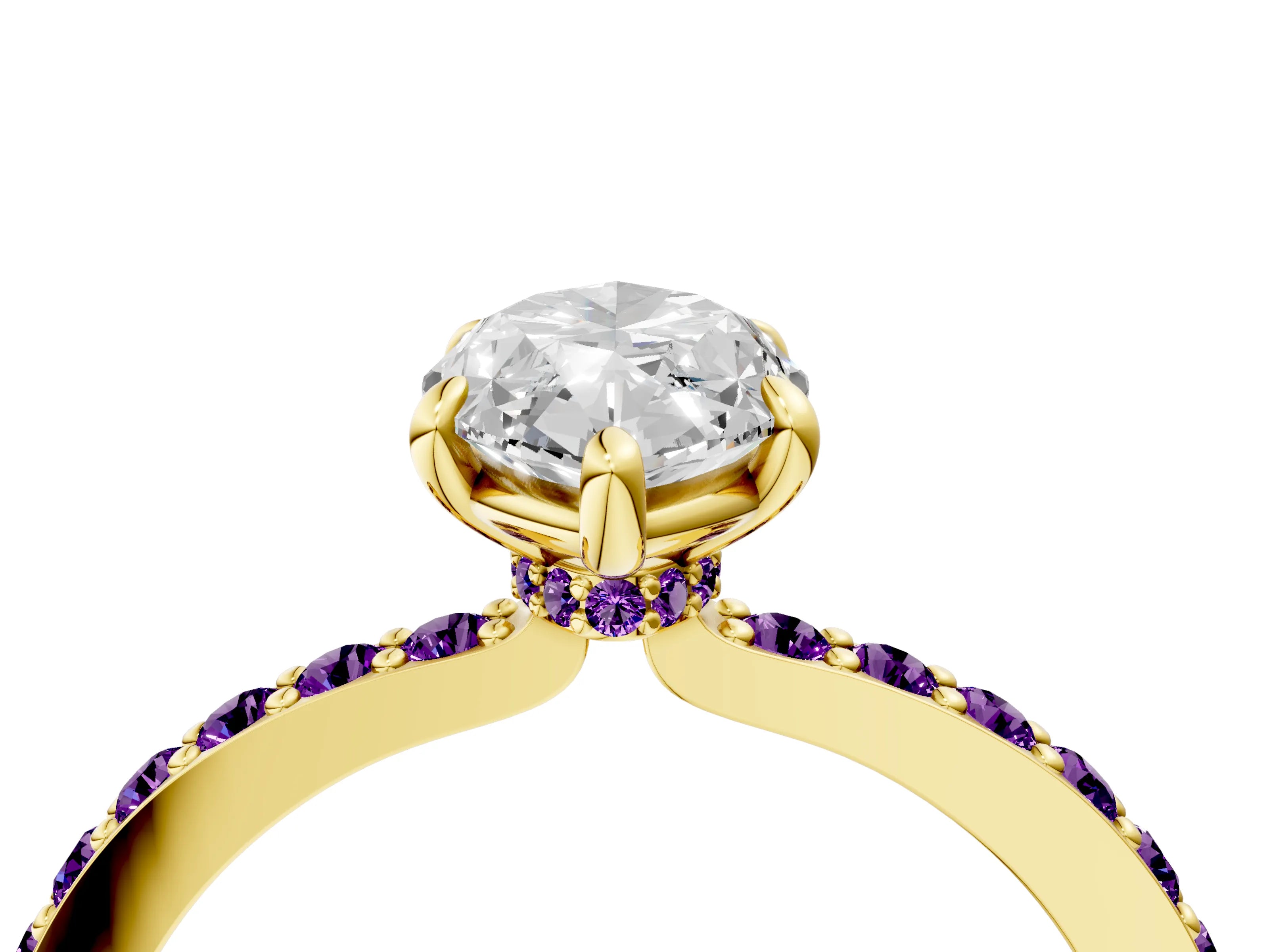 Yellow gold Marquise Cut Diamond Pavé Engagement Ring with Round with Amethyst side stone Accents and Prong Setting_4