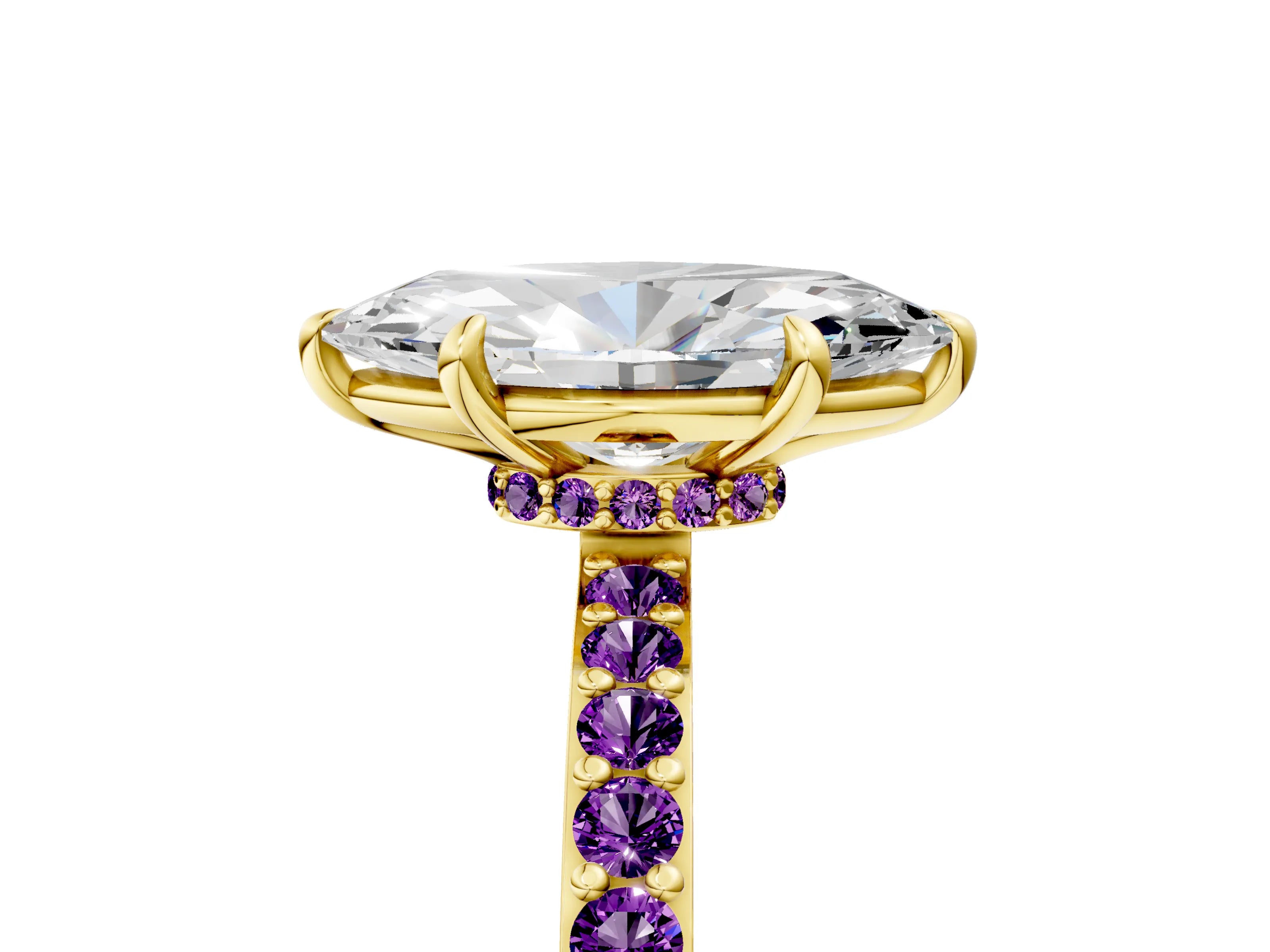 Yellow gold Marquise Cut Diamond Pavé Engagement Ring with Round with Amethyst side stone Accents and Prong Setting_5