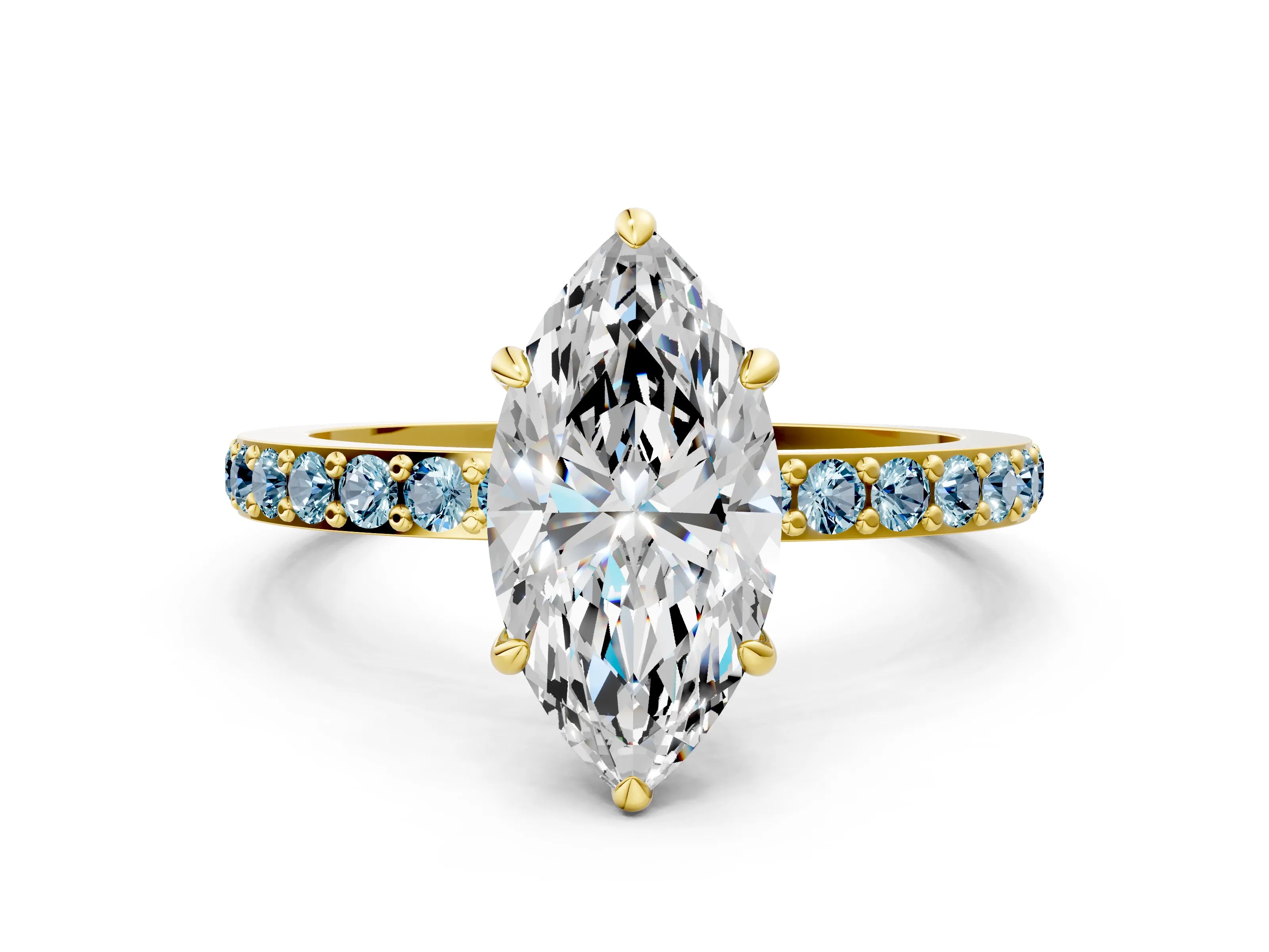 Yellow gold Marquise Cut Diamond Pavé Engagement Ring with Round with Aquamarine side stone Accents and Prong Setting