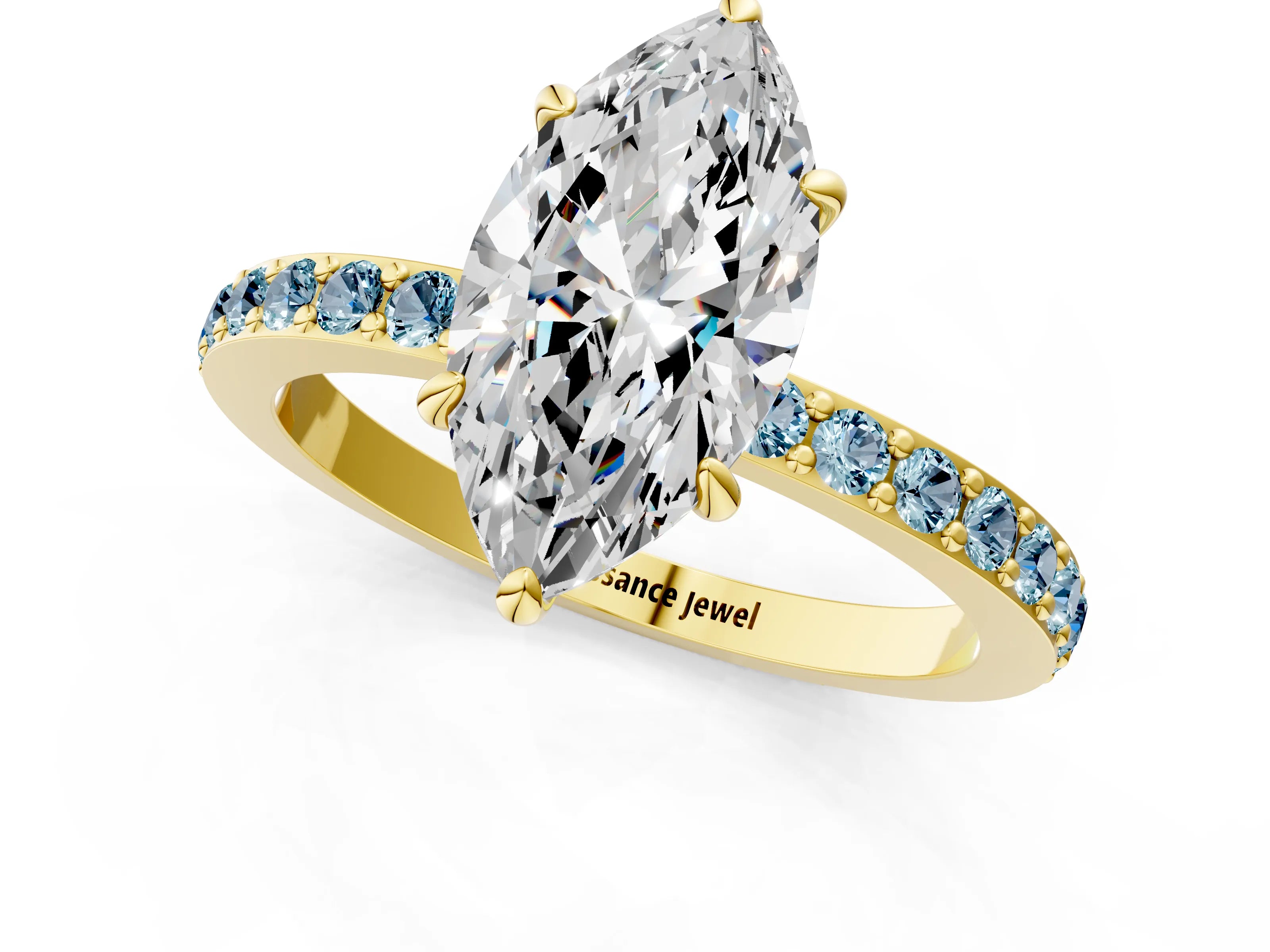 Yellow gold Marquise Cut Diamond Pavé Engagement Ring with Round with Aquamarine side stone Accents and Prong Setting_1