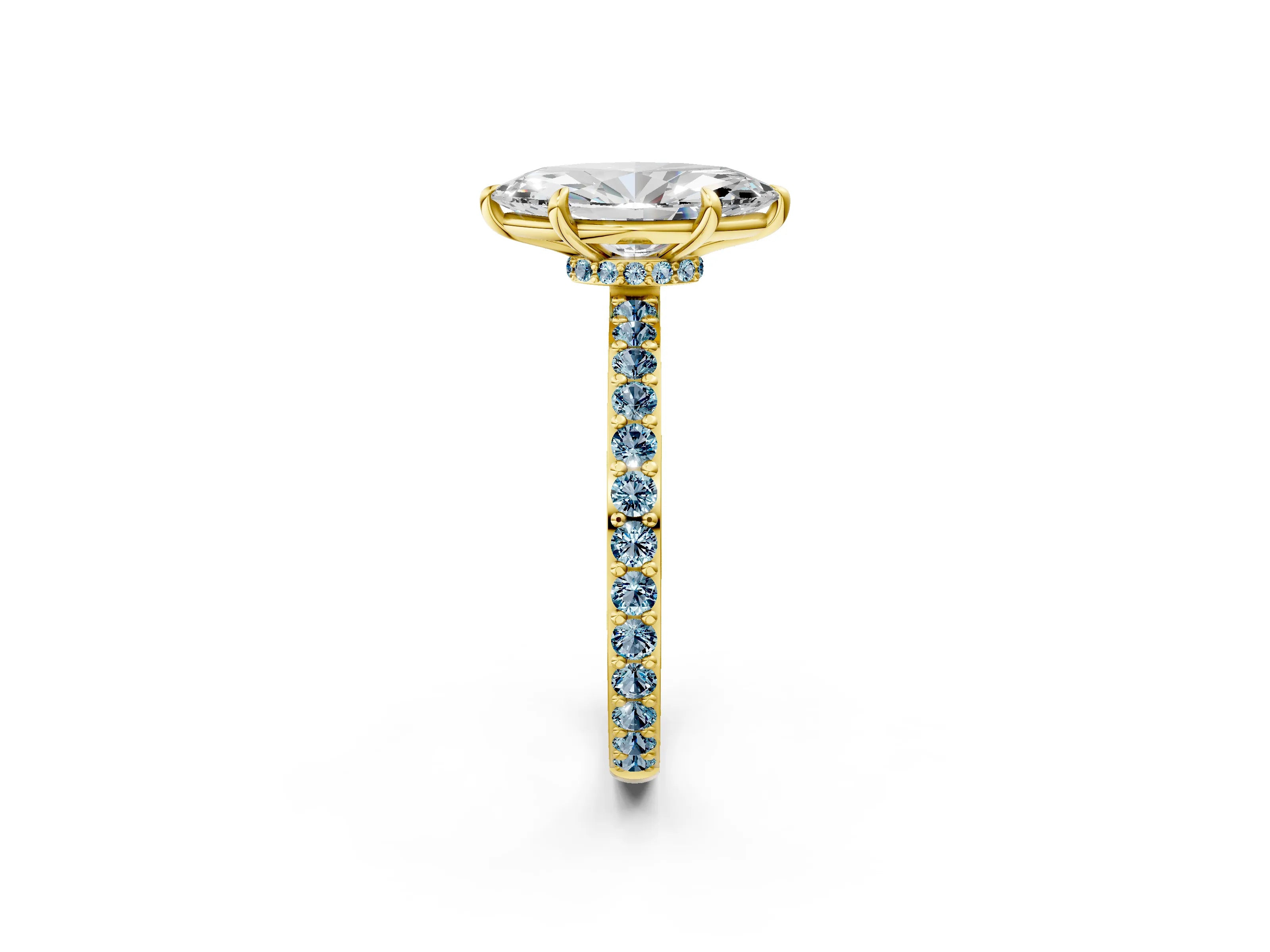 Yellow gold Marquise Cut Diamond Pavé Engagement Ring with Round with Aquamarine side stone Accents and Prong Setting_2