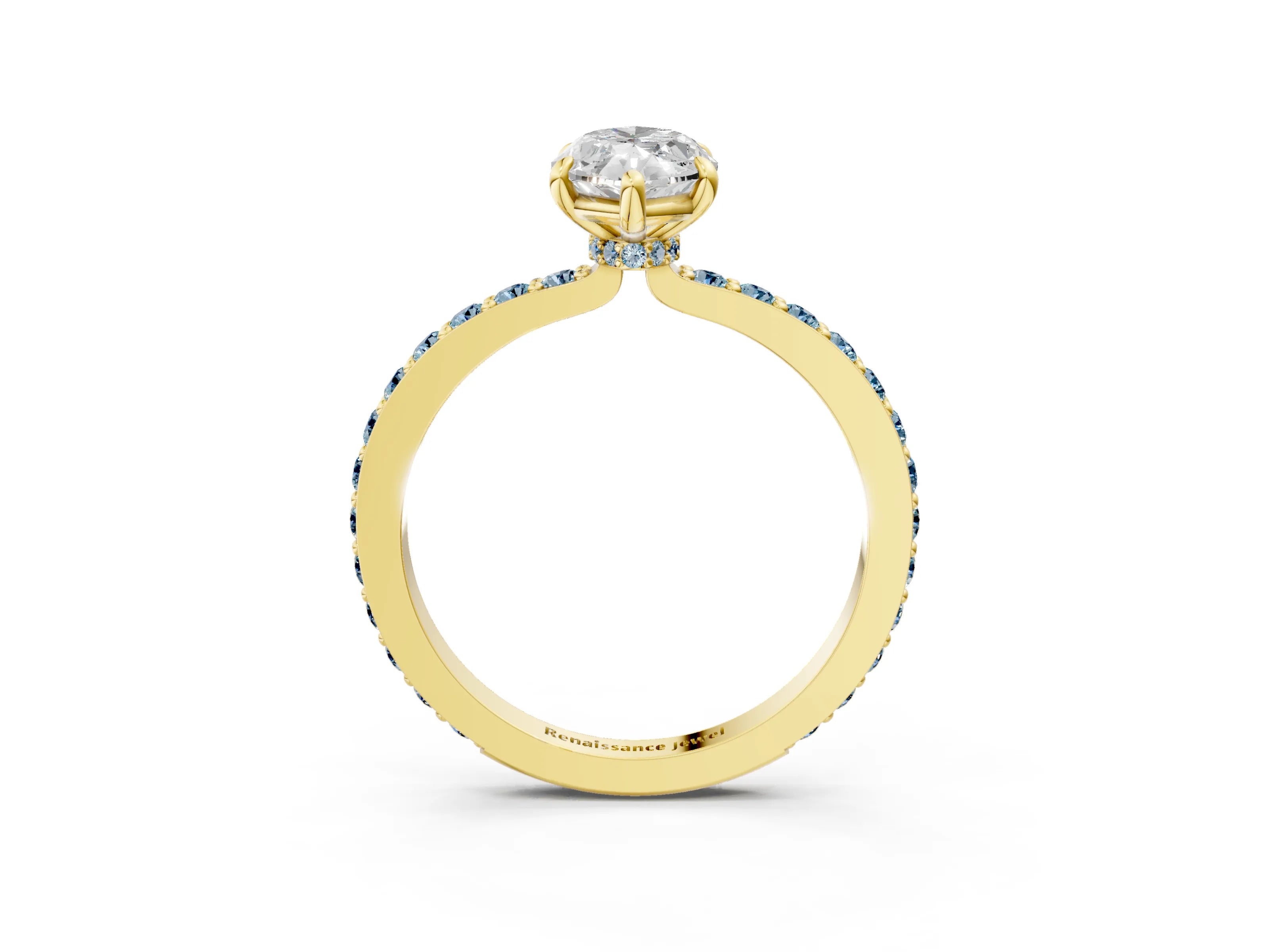 Yellow gold Marquise Cut Diamond Pavé Engagement Ring with Round with Aquamarine side stone Accents and Prong Setting_3