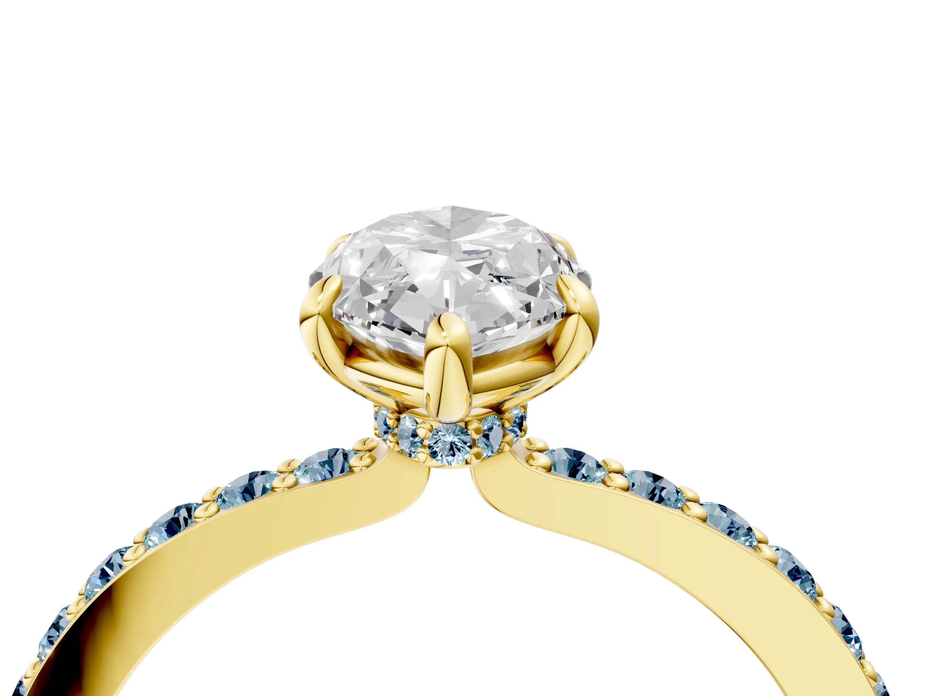 Yellow gold Marquise Cut Diamond Pavé Engagement Ring with Round with Aquamarine side stone Accents and Prong Setting_4