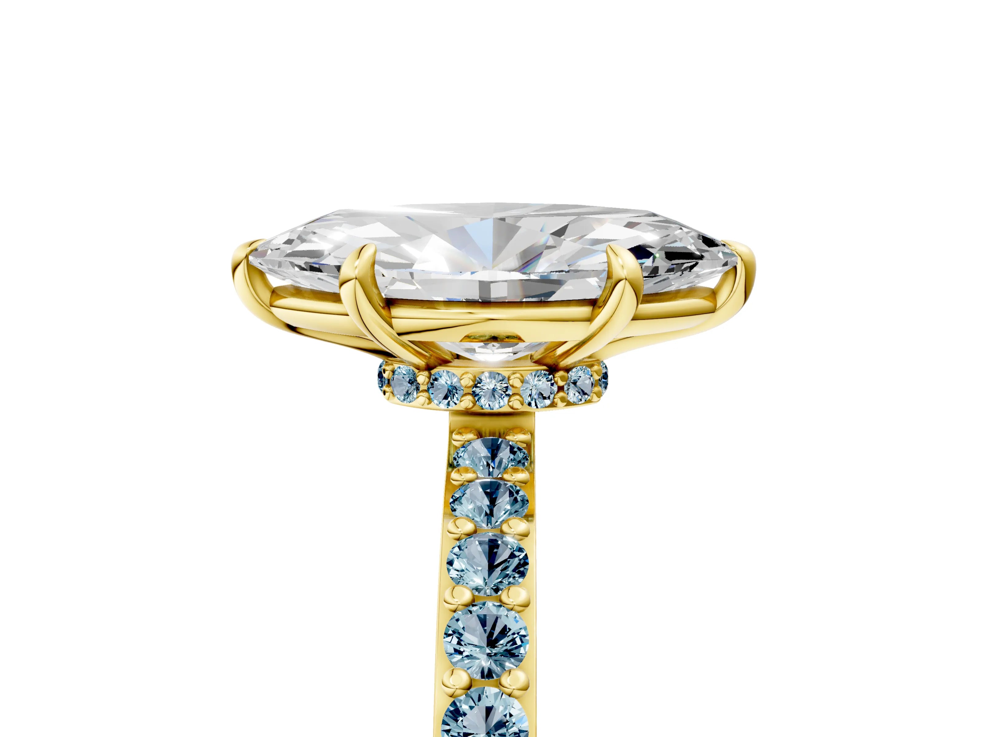 Yellow gold Marquise Cut Diamond Pavé Engagement Ring with Round with Aquamarine side stone Accents and Prong Setting_5