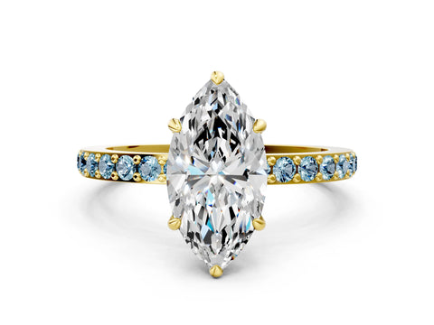 Yellow gold Marquise Cut Diamond Pavé Engagement Ring with Round with Aquamarine side stone Accents and Prong Setting