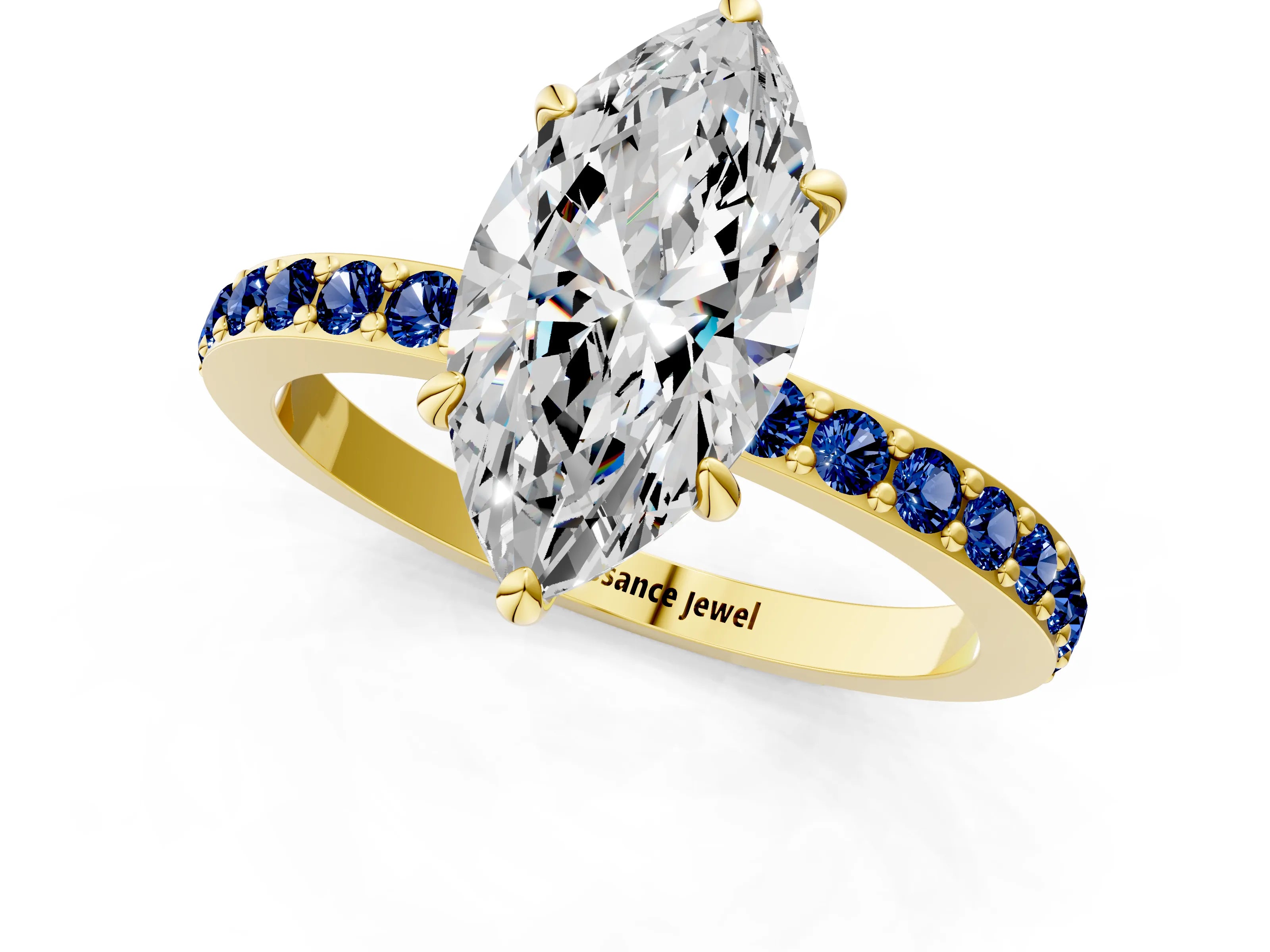 Yellow gold Marquise Cut Diamond Pavé Engagement Ring with Round with Blue Sapphire side stone Accents and Prong Setting_1