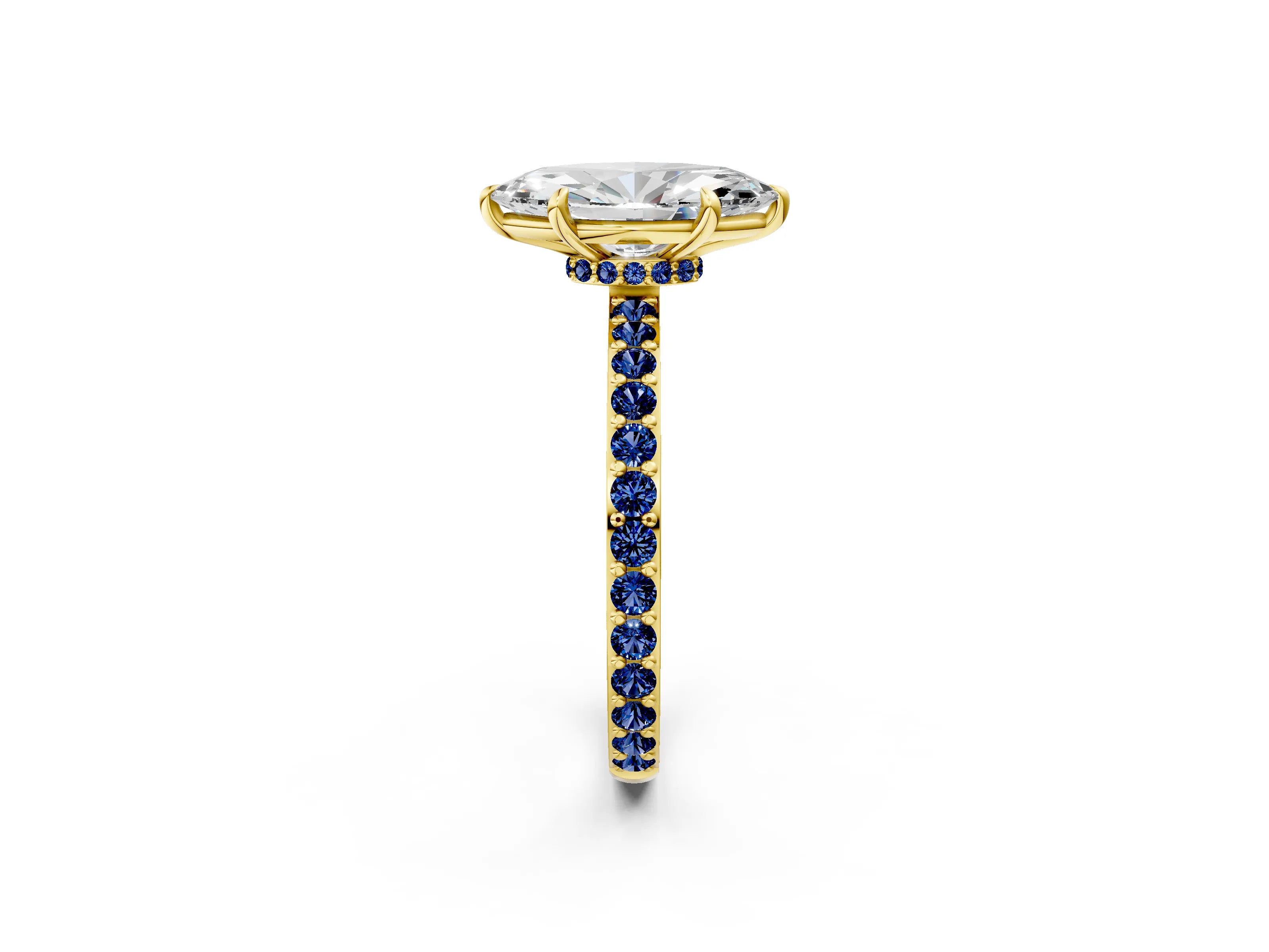 Yellow gold Marquise Cut Diamond Pavé Engagement Ring with Round with Blue Sapphire side stone Accents and Prong Setting_2