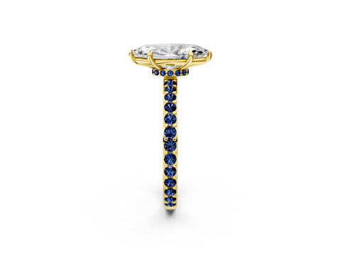 Yellow gold Marquise Cut Diamond Pavé Engagement Ring with Round with Blue Sapphire side stone Accents and Prong Setting_2